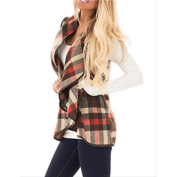 Women Plaid Vest Lapel Open Front Sleeveless Jacket Outerwear Cardigan - Picture 2 of 7